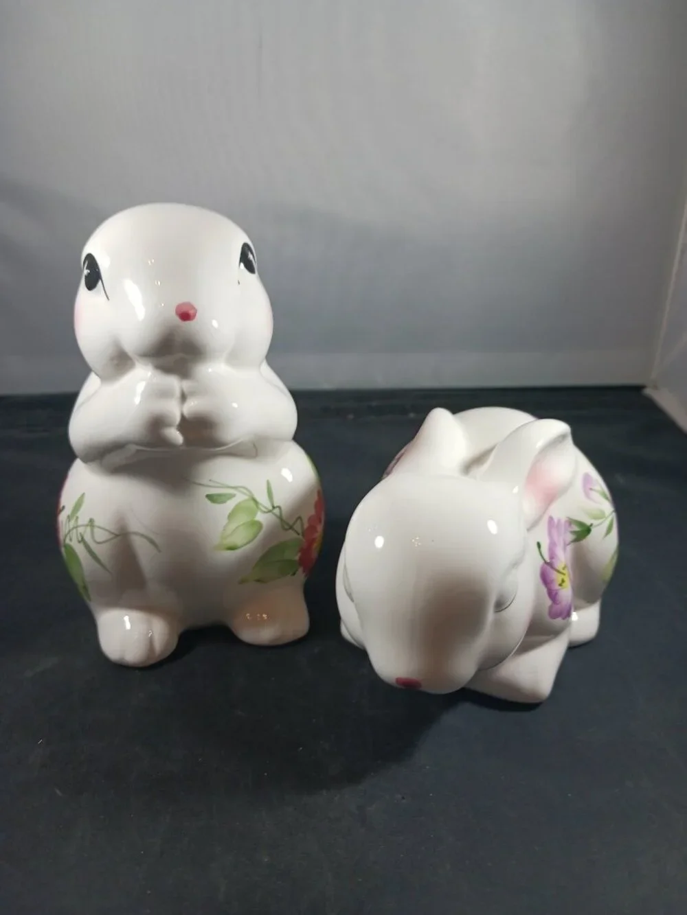 2 Vintage Ceramic Bunny Rabbit with Floral Print Body Purple Green